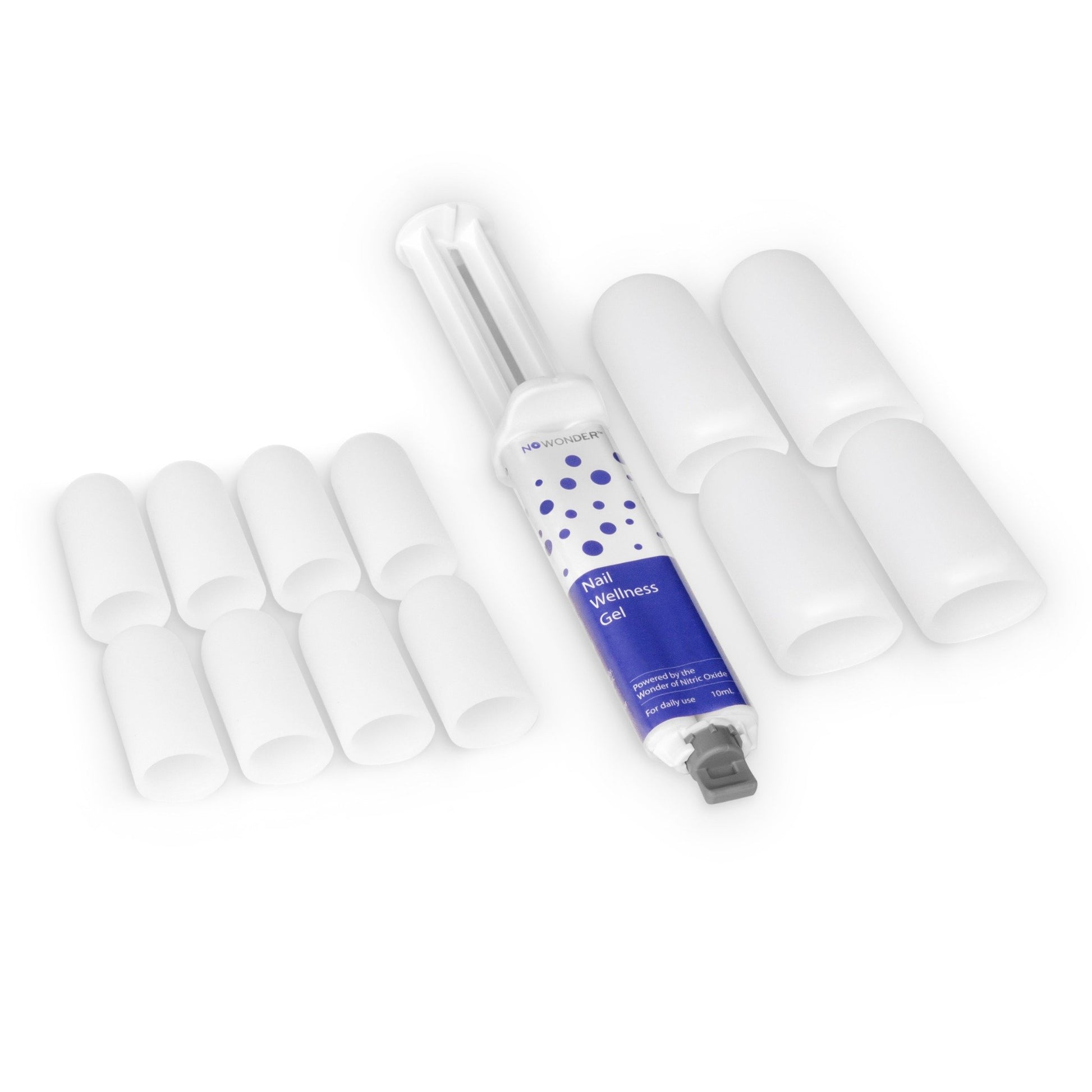 Nail wellness syringe with multiple white sleeves on a white background