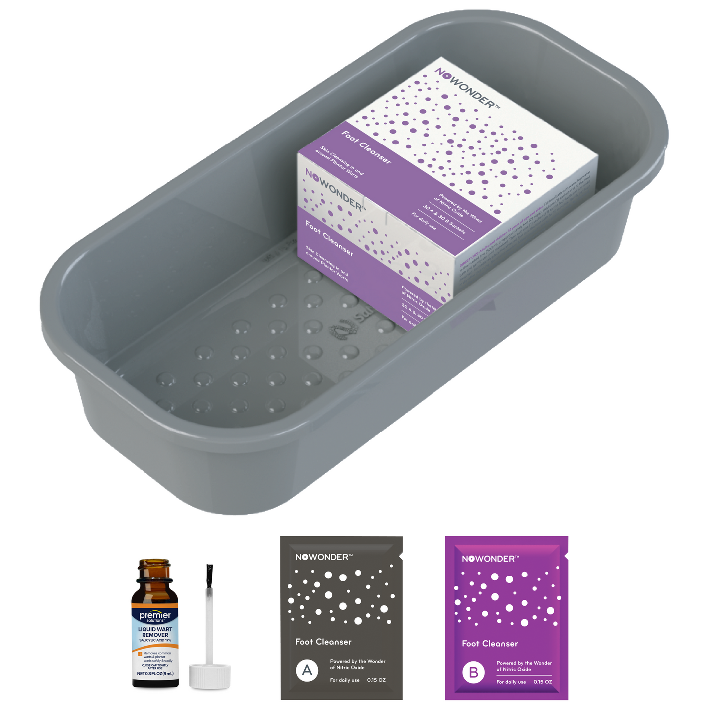 A product image featuring a NOWONDER Plantar Warts Kit, including a grey foot tub, packets labeled Sachet A and Sachet B, a bottle of liquid wart remover, and a box of the kit's contents.