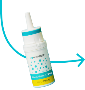 NewWonder nasal wellness spray bottle with a blue arrow pointing to the right.