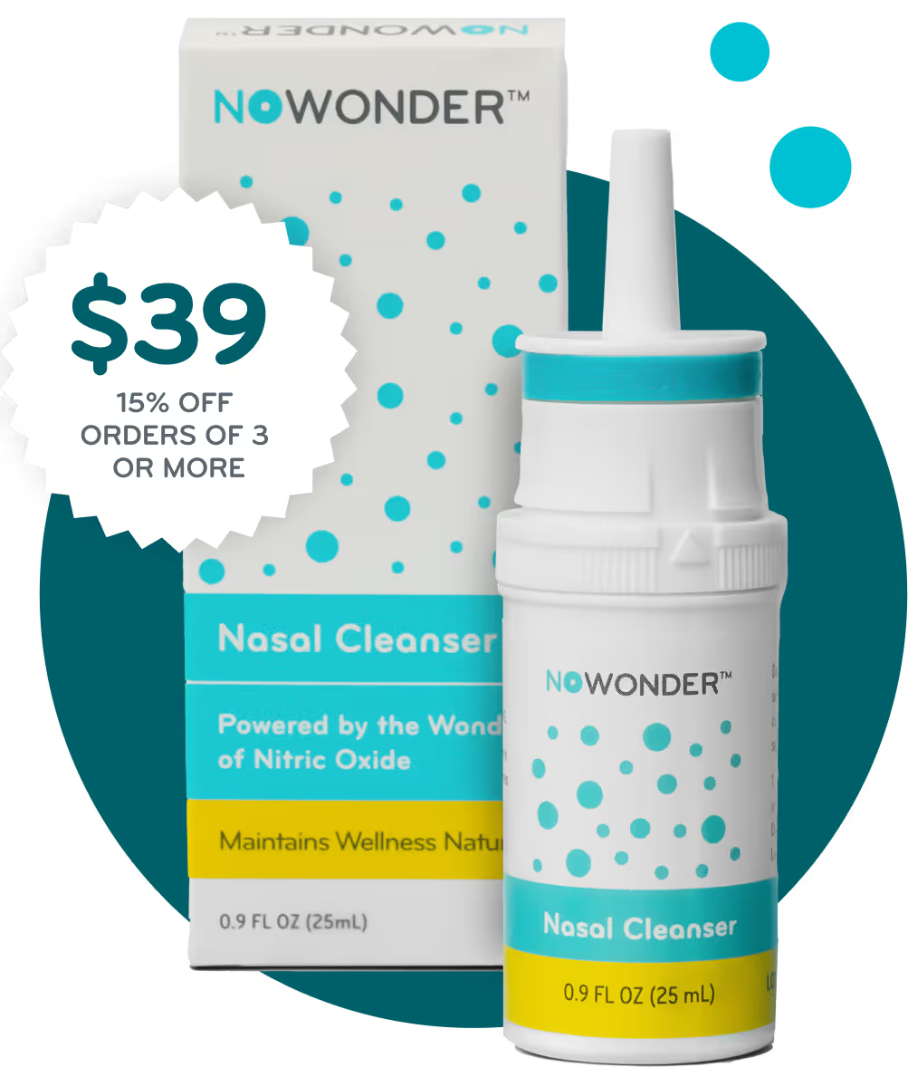 NOWONDER nasal cleanser bottle and packaging with promotional text on a white background